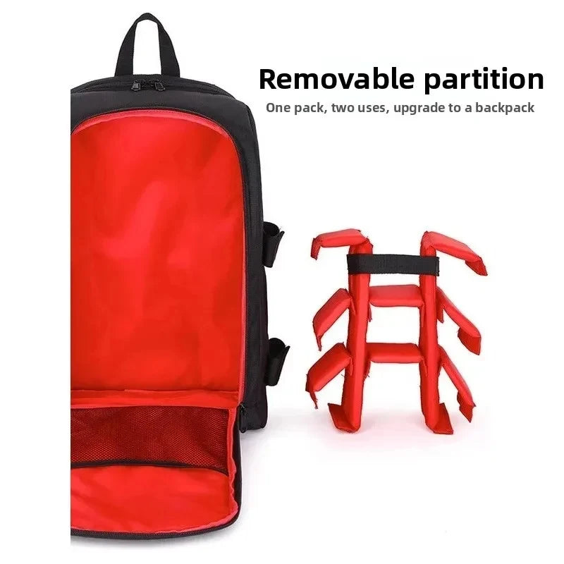 Black camera backpack with a red padded interior holding a DSLR, lenses and a tablet, shown open from the front