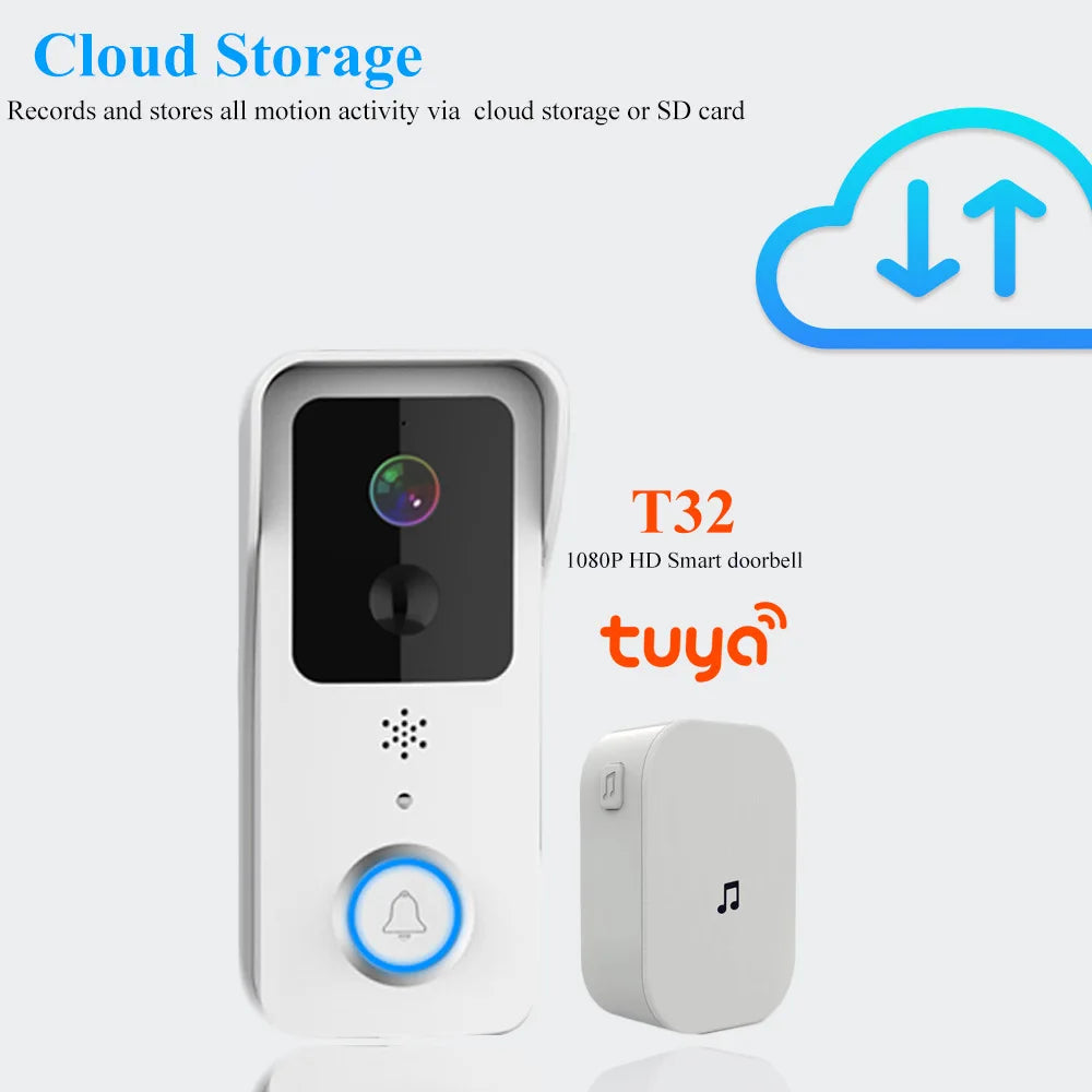 White video doorbell with a camera and a ring button, shown with a white plug-in chime and two blue batteries