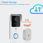 White video doorbell with a camera and a ring button, shown with a white plug-in chime and two blue batteries
