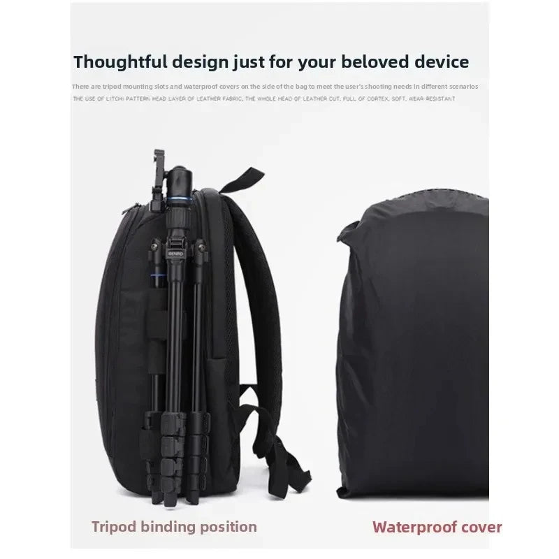 Black camera backpack with a red padded interior holding a DSLR, lenses and a tablet, shown open from the front