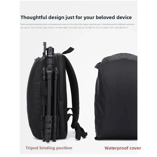 Black camera backpack with a red padded interior holding a DSLR, lenses and a tablet, shown open from the front