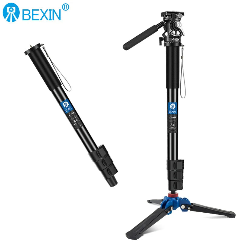 Black Bexin monopod shown closed, and extended on small blue and black support feet with a video head and a long handle