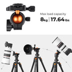 Black K&F Concept tripod with an orange ball head, shown with a phone clip, folded legs, outdoor use and its box and bag