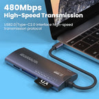 Grey aluminium six-slot card reader with an attached USB-C cable, printed 6-in-1 SD TF XD CF M2 MS