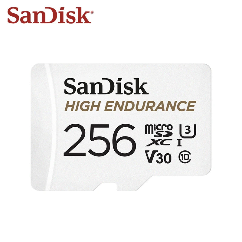 Four white SanDisk High Endurance microSD cards marked 32, 64, 128 and 256 GB