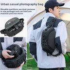 Black camera sling bag open from the top to show grey dividers, above three views holding a camera and lenses
