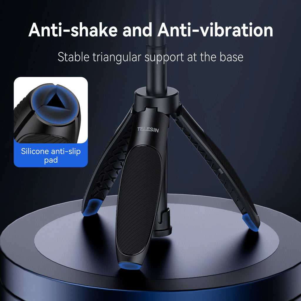 Black Telesin mini tripod standing on open legs beside the same grip extended as a stick, with action cameras in round insets