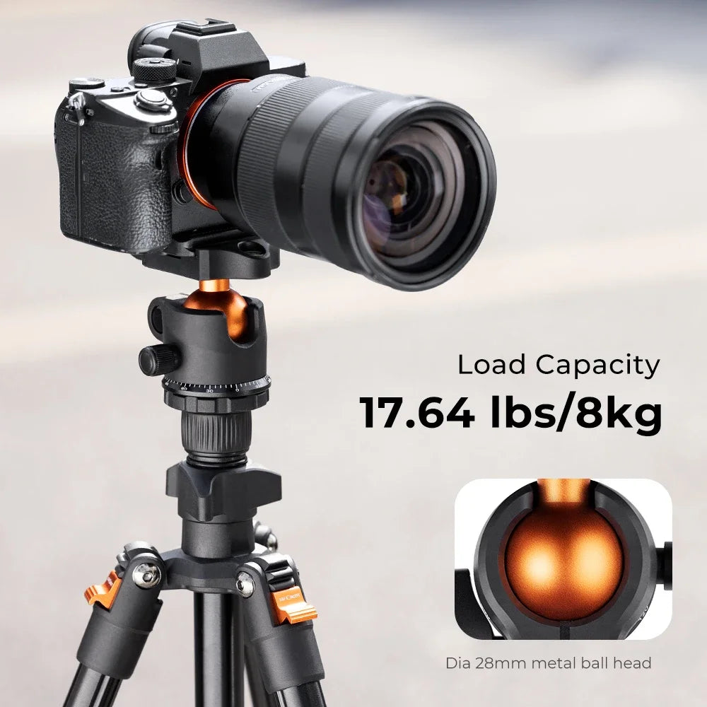 Black K&F Concept tripod with an orange-trimmed ball head, a phone clip, folded legs and close-ups of the plate and packaging