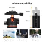 Black K&F Concept tripod with an orange-trimmed ball head, shown with a phone clip, folded legs and a black carry bag