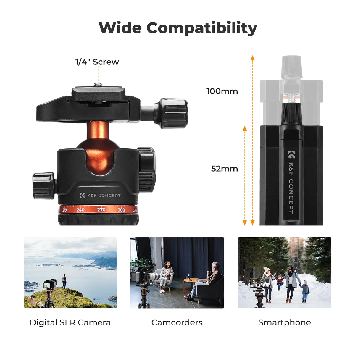 Black K&F Concept tripod with an orange-trimmed ball head, shown with a phone clip, folded legs and a black carry bag