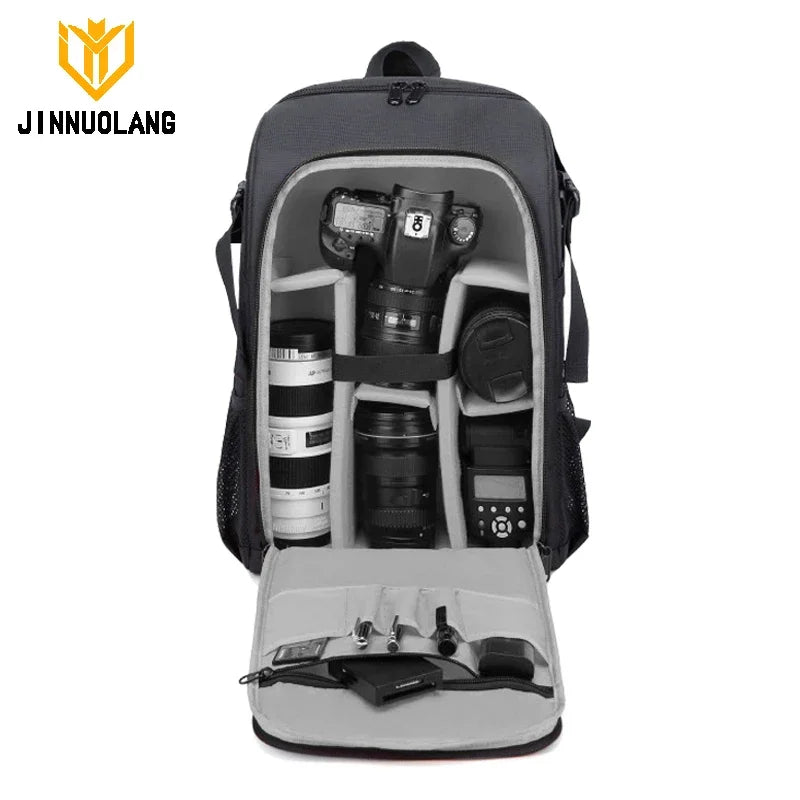 Black camera backpack with a tripod strapped to its side, plus close-ups of a strap buckle and a detachable tripod pouch