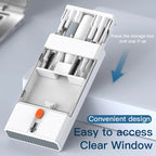 Two slim cleaning tool boxes, one black and one white, with brush bases and small tools stored behind clear covers