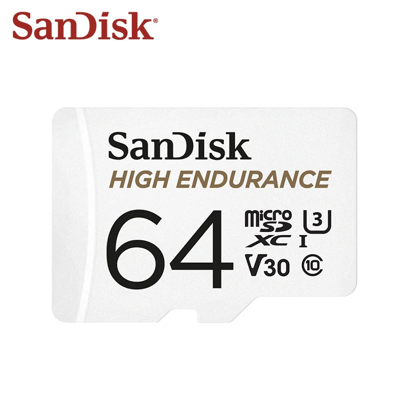 Four white SanDisk High Endurance microSD cards marked 32, 64, 128 and 256 GB
