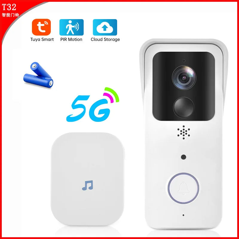 White video doorbell with a camera and a ring button, shown with a white plug-in chime and two blue batteries