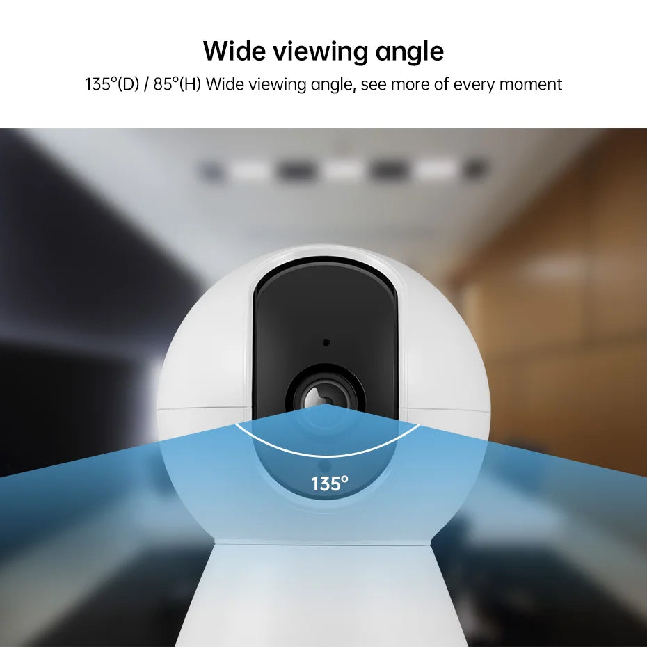 White Kerui pan-tilt camera on a wooden table, with arrows showing 355 degree horizontal and 80 degree vertical rotation