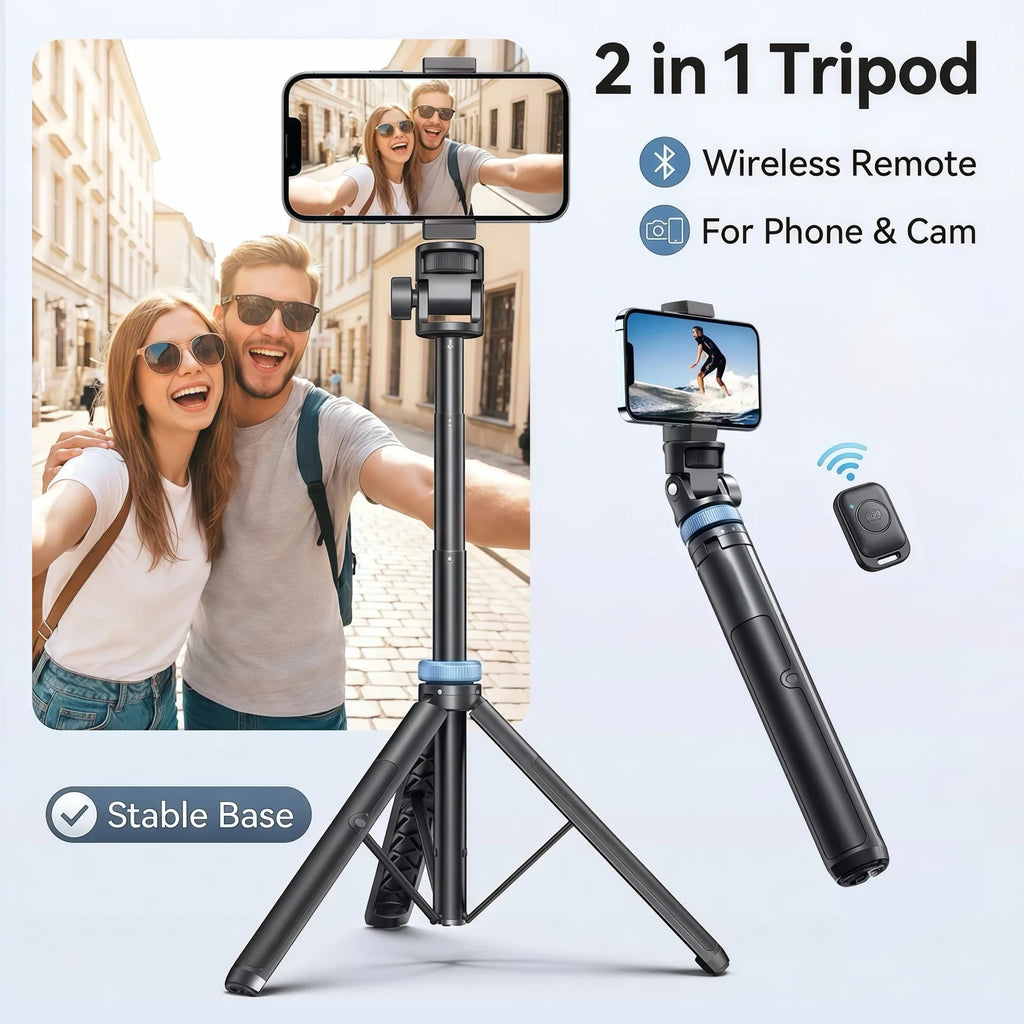 Black selfie stick tripod with a blue ring holding a phone, shown as a stand and as a handheld stick, with a small remote
