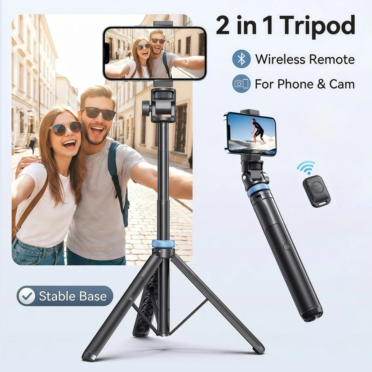 Black selfie stick tripod with a blue ring holding a phone, shown as a stand and as a handheld stick, with a small remote