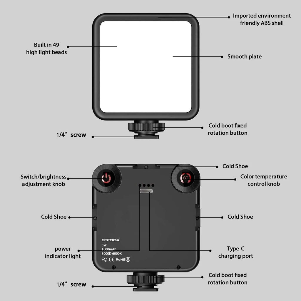 Square black LED panel light, front and back, with two dials, a phone clip, a cold shoe mount and a USB-C cable