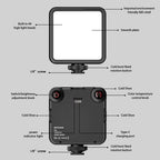 Square black LED panel light, front and back, with two dials, a phone clip, a cold shoe mount and a USB-C cable