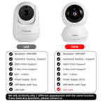 White Fuers pan-tilt indoor camera beside a hand holding a phone that shows a sleeping baby in the app