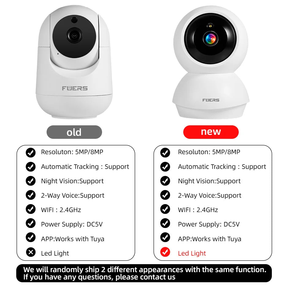 White Fuers pan-tilt indoor camera beside a hand holding a phone that shows a sleeping baby in the app