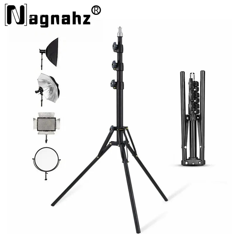 Black Nagnahz light stand on spread legs, a folded stand, and small icons of a softbox, umbrella, LED panel and reflector