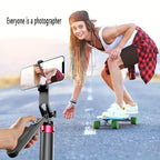 Black selfie stick tripod with a phone clamp shown fully extended beside a standing man, folded, and set up as a short tripod