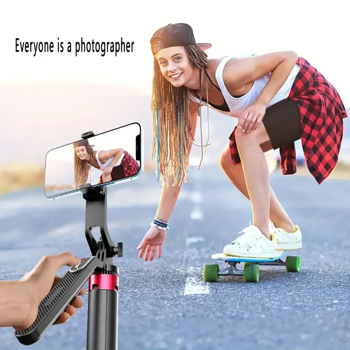 Black selfie stick tripod with a phone clamp shown fully extended beside a standing man, folded, and set up as a short tripod