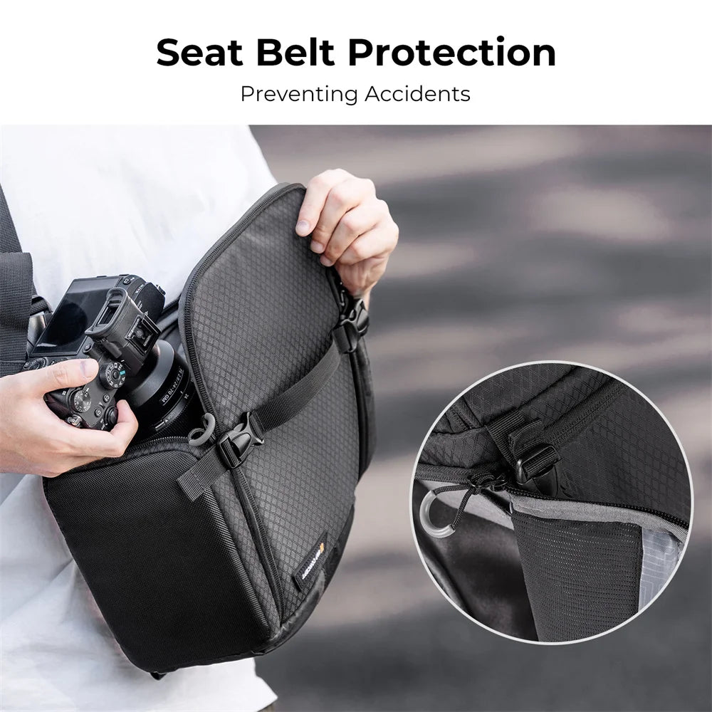 Four K&F Concept single-strap camera sling bags in black, grey, navy and green, standing side by side