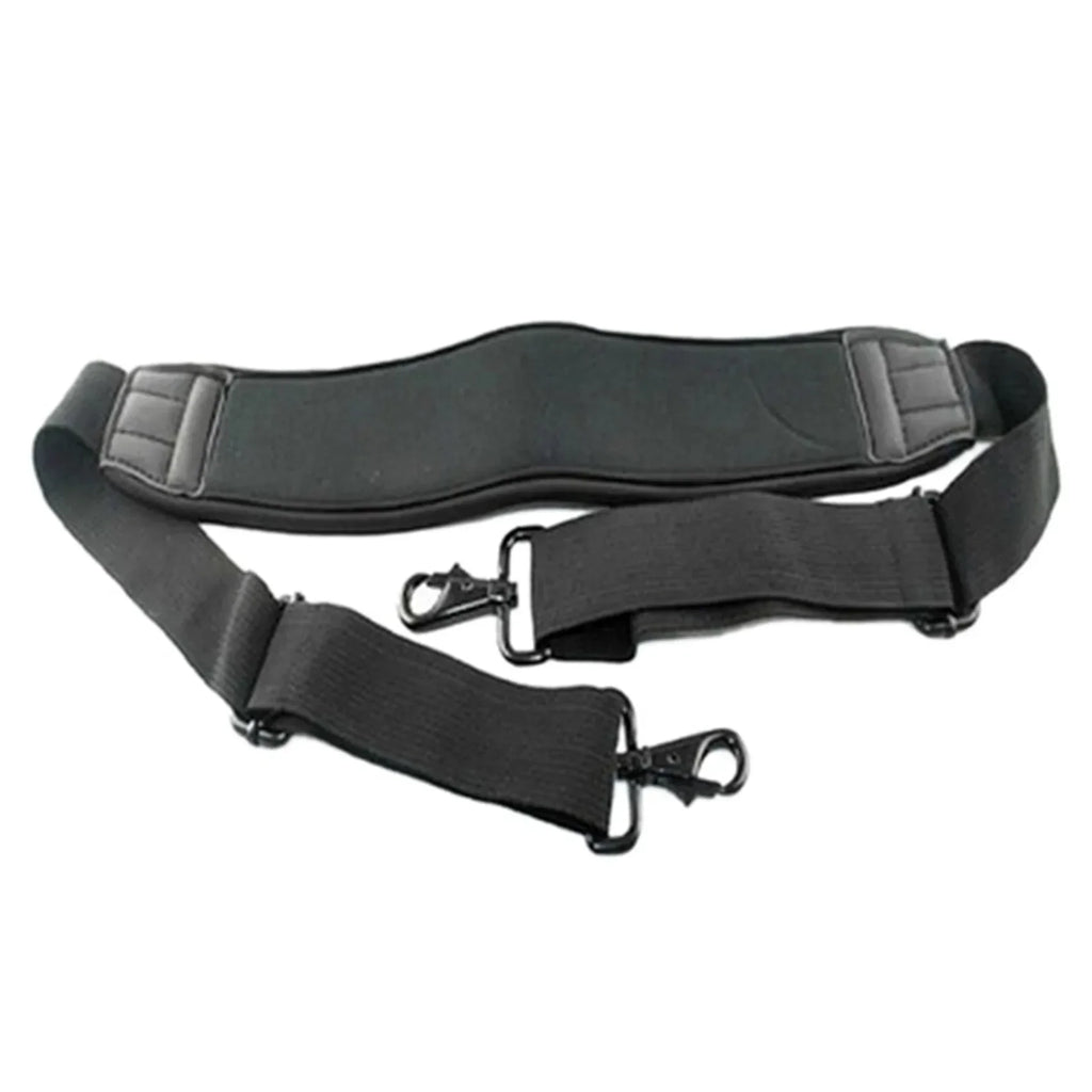 Black adjustable shoulder strap with a wide padded shoulder pad and a swivel snap hook at each end
