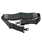 Black adjustable shoulder strap with a wide padded shoulder pad and a swivel snap hook at each end