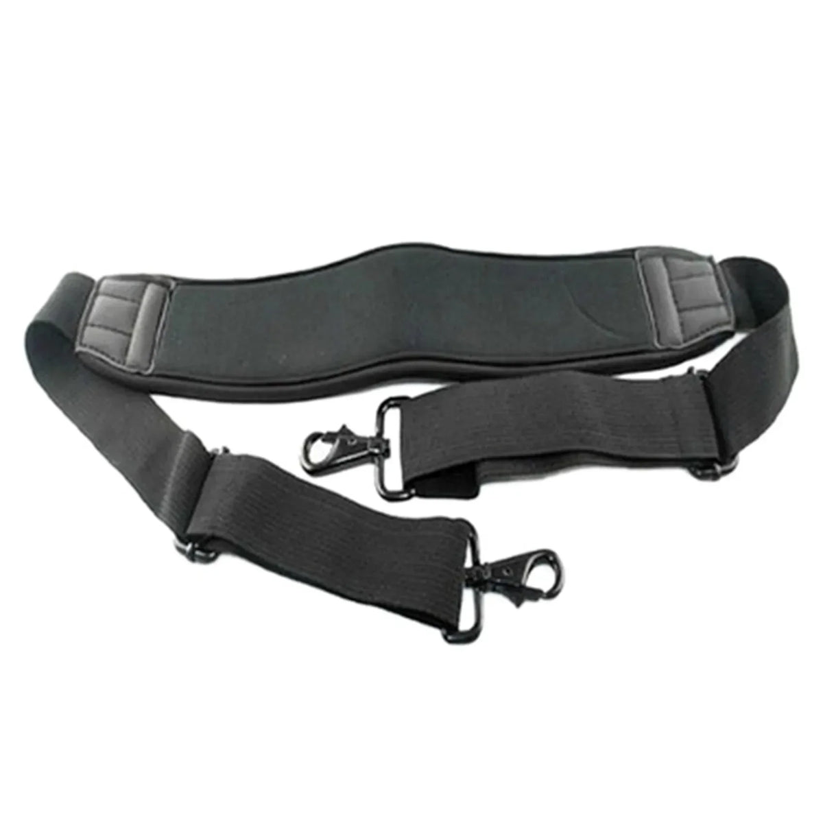 Black adjustable shoulder strap with a wide padded shoulder pad and a swivel snap hook at each end