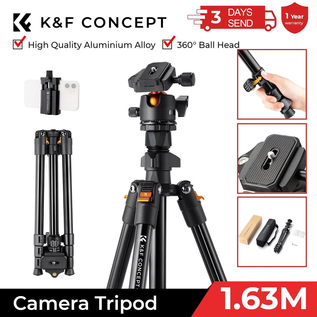 Black K&F Concept tripod with an orange-trimmed ball head, a phone clip, folded legs and close-ups of the plate and packaging