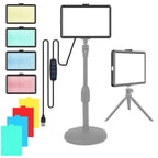 Rectangular LED panel light shown lit in yellow, green, blue and red, with four colored filter cards and a USB controller