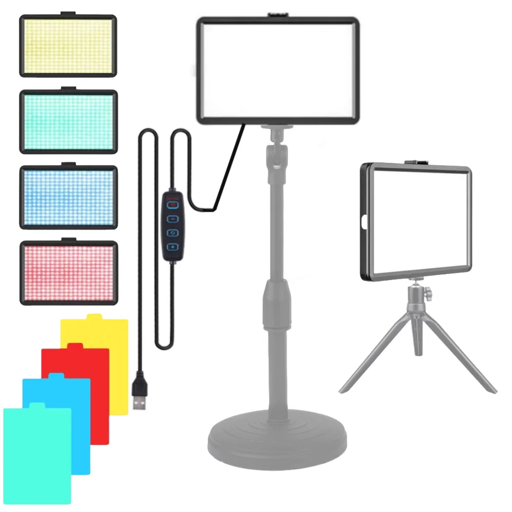 Rectangular LED panel light shown lit in yellow, green, blue and red, with four colored filter cards and a USB controller