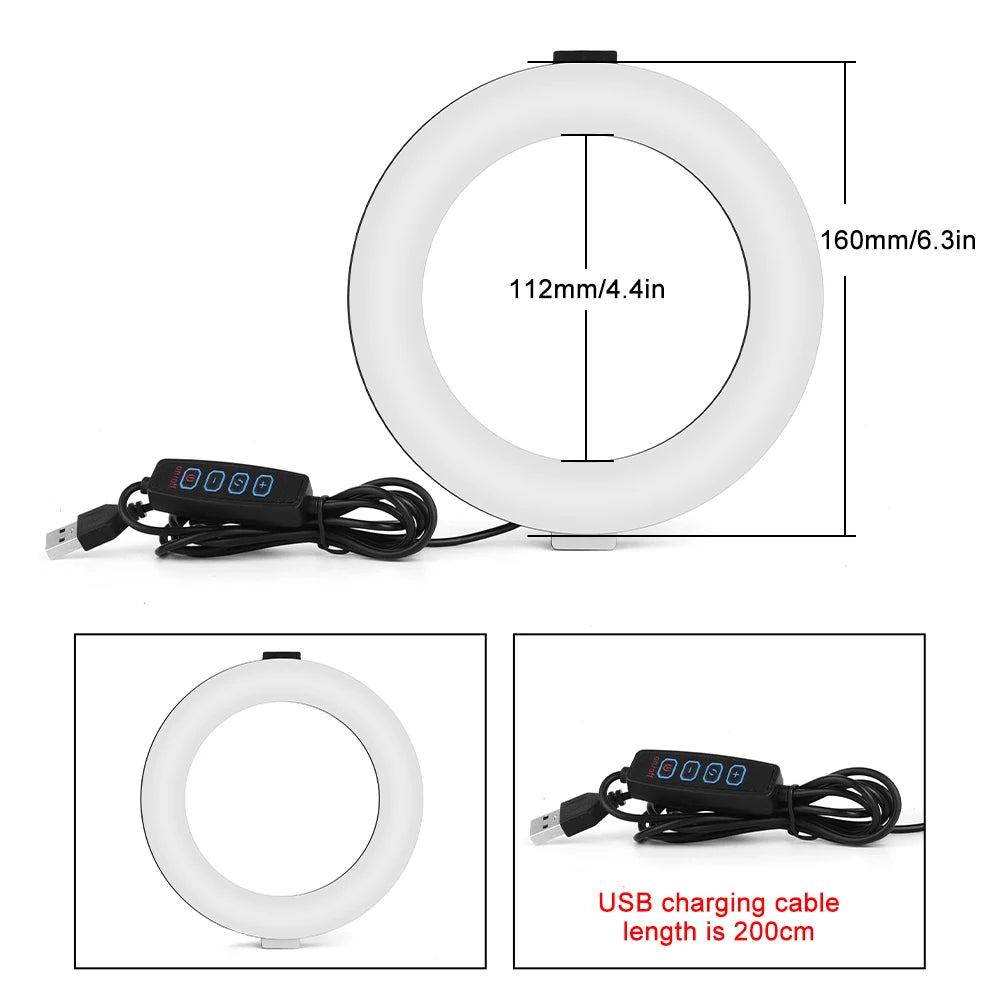 A 6-inch LED ring light and a square panel light, each on a small extendable tripod with an inline USB controller