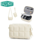 Cream quilted Bagsmart camera bag shown closed, worn crossbody, as a wristlet, and open with memory card slots