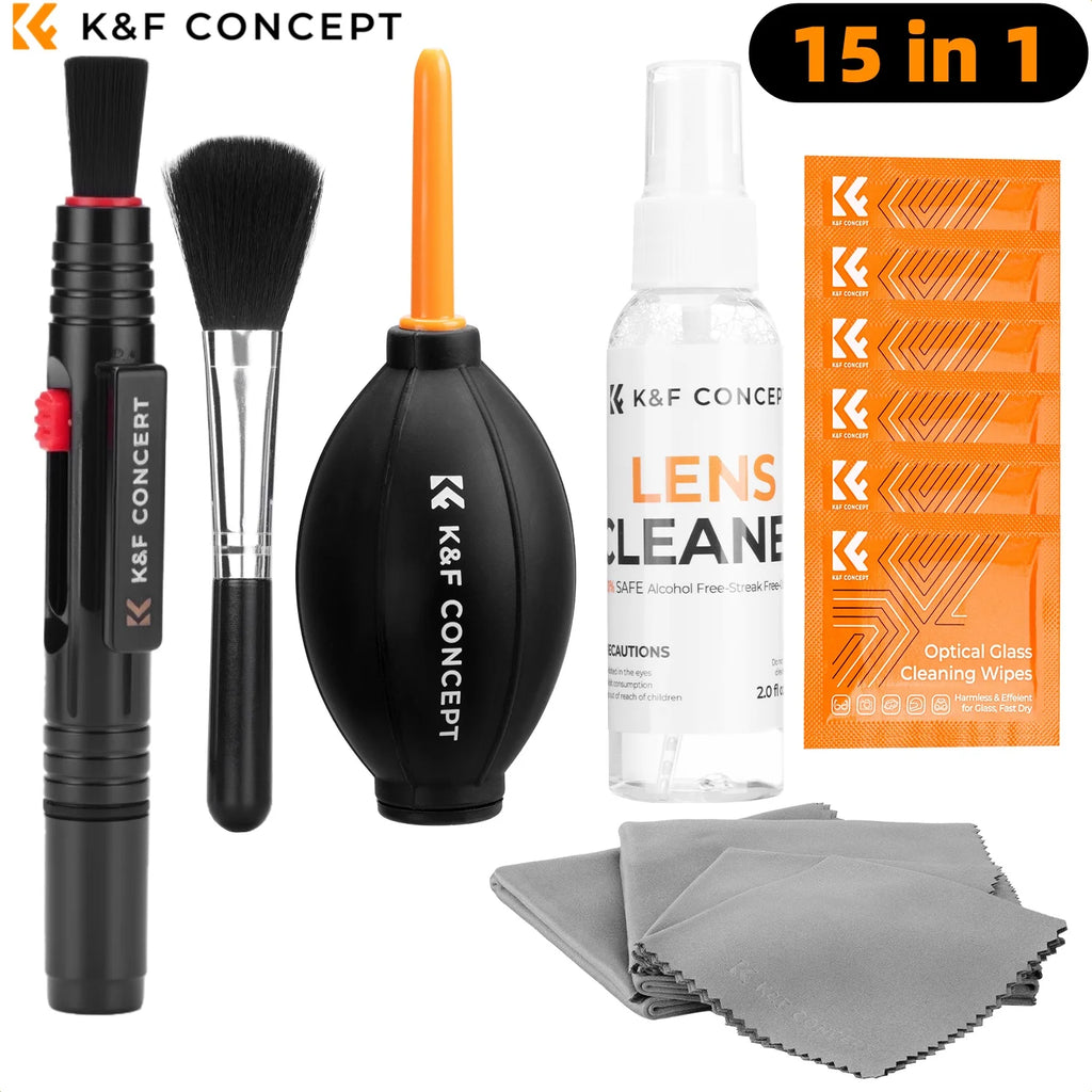 K&F Concept kit laid out: lens pen, soft brush, black air blower, lens cleaner spray bottle, orange wipes and gray cloths