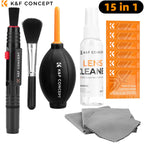 K&F Concept kit laid out: lens pen, soft brush, black air blower, lens cleaner spray bottle, orange wipes and gray cloths