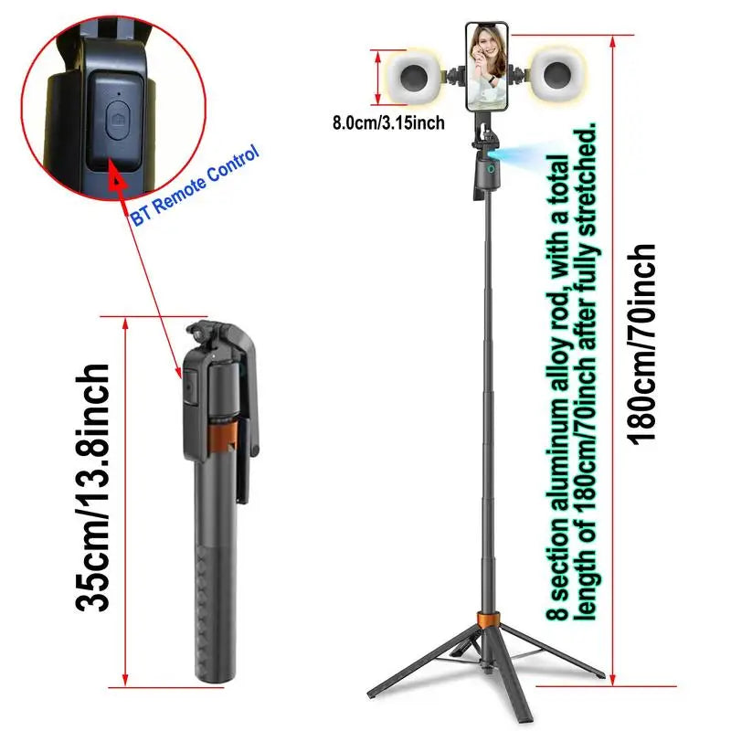 Black and orange selfie stick tripod holding a phone between two round fill lights, with a small remote and folded views