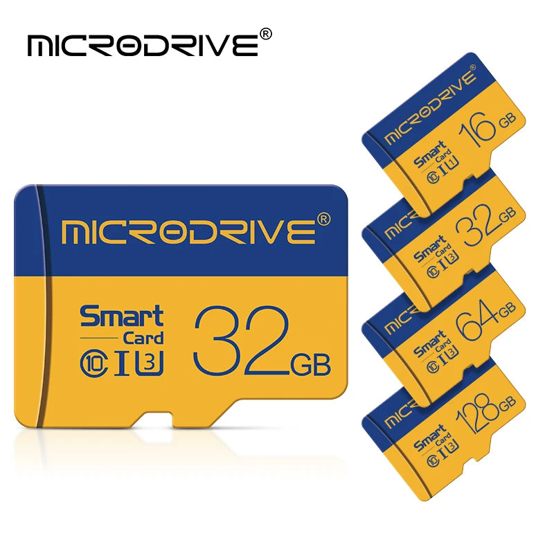 Four blue and yellow Microdrive-labeled microSD cards marked 128GB, 64GB, 32GB and 16GB on a white background