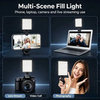 Black clip-on LED panel with warm and cool beads, shown clipped to a phone, mounted on a DSLR and clipped to a laptop