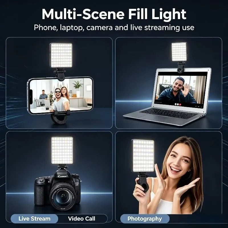 Black clip-on LED panel with warm and cool beads, shown clipped to a phone, mounted on a DSLR and clipped to a laptop