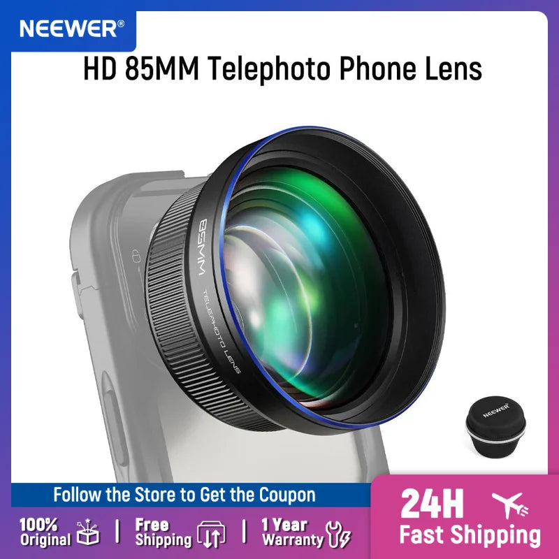 Black Neewer telephoto phone lens with a blue-rimmed front element, mounted on a greyed-out phone, its cap beside it