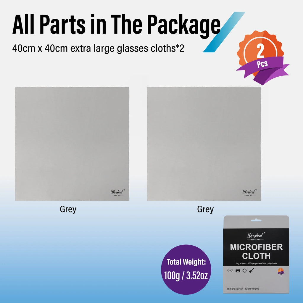 Hand holding a large gray microfiber cloth, with two gray cloths in sleeves and a gray retail package below