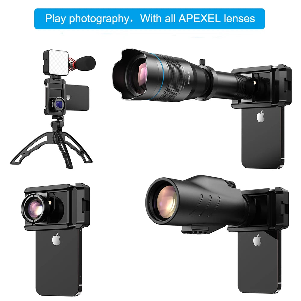 Black Apexel spring-loaded phone clamp with a threaded lens ring in the centre and a tripod screw hole on the side