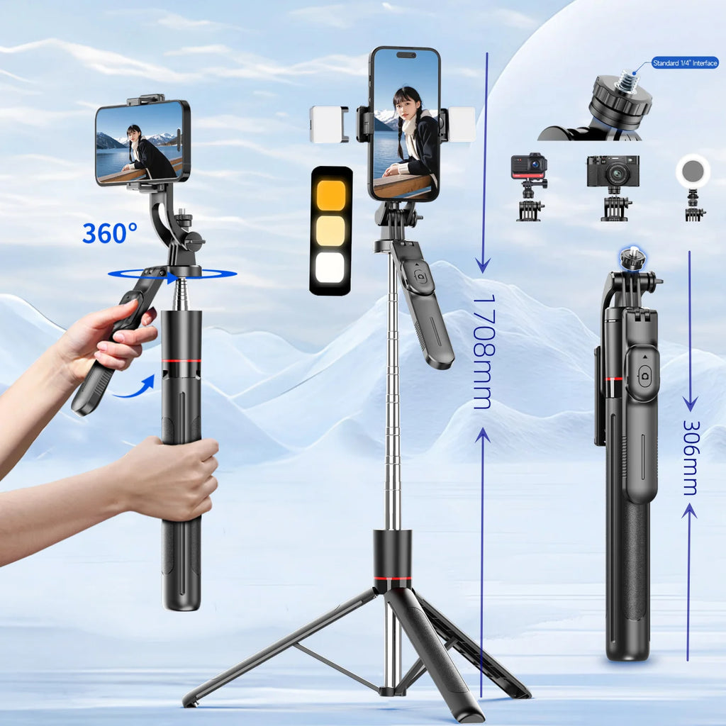 Black selfie stick tripod holding a phone between two small lights, shown extended on its legs, folded, and turned by hand