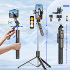 Black selfie stick tripod holding a phone between two small lights, shown extended on its legs, folded, and turned by hand