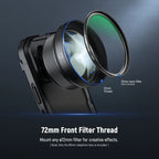 Black Neewer telephoto phone lens with a blue-rimmed front element on a phone case, its round lens cap beside it