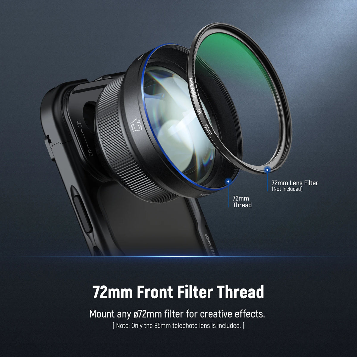 Black Neewer telephoto phone lens with a blue-rimmed front element, mounted on a greyed-out phone, its cap beside it